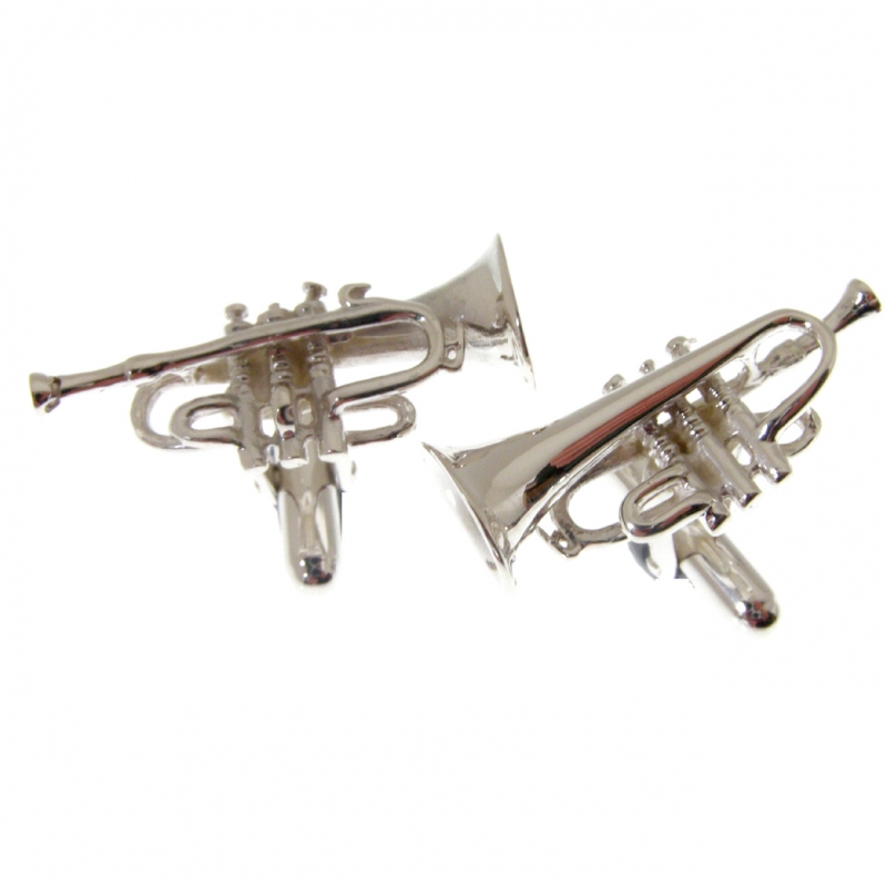 silver cufflinks with a medium sized trumpet theme