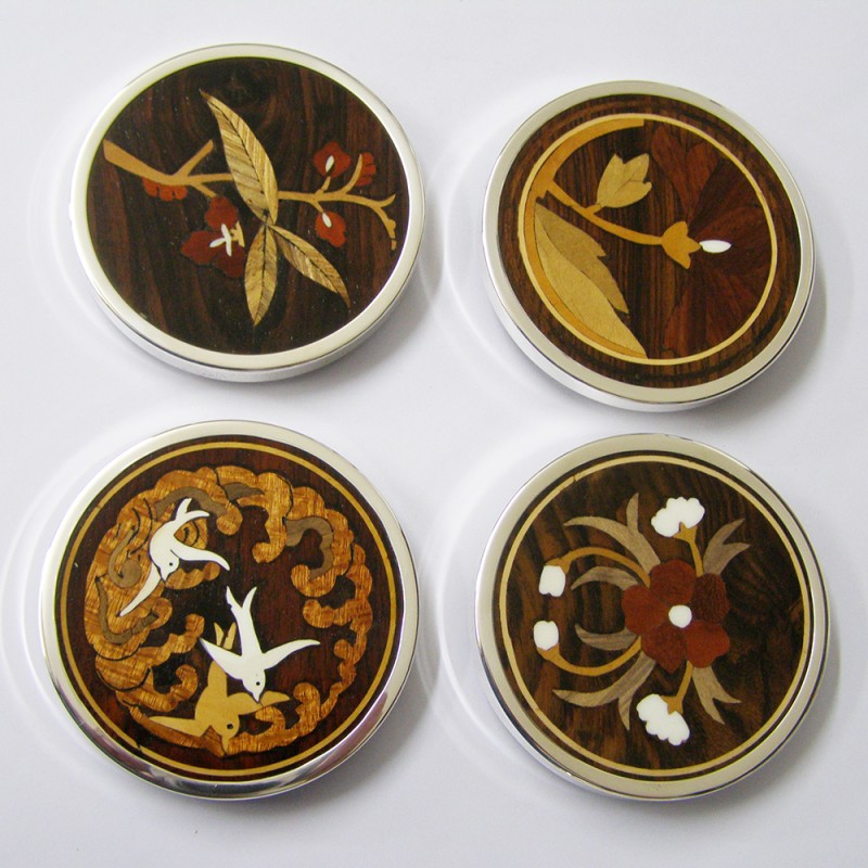 set of six silver inlaid rosewood drink mats